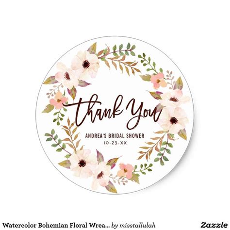 Watercolor Bohemian Floral Wreath Thank You Classic Round Sticker
