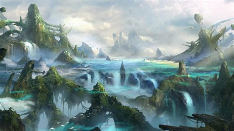 Art Fantasy World Mountains Rocks Waterfall Hd Wallpaper Fantasy
