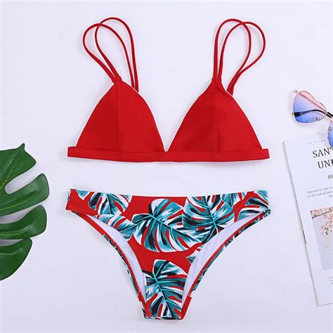 Sexy Push Up Bikini Set Women Swimwear Palm Leaf Tropical Brazilian Biquini Female Bathing Suit