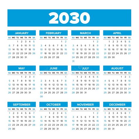 Calendario Vectorial Simple De 2030 Las Semanas Empiezan El Domingo