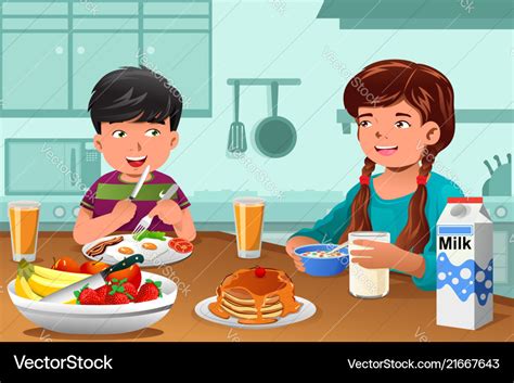 Kids Eating Healthy Breakfast Royalty Free Vector Image