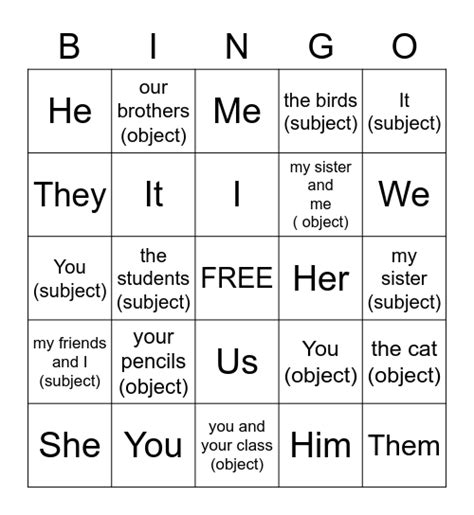 Subject And Object Pronouns Bingo Card