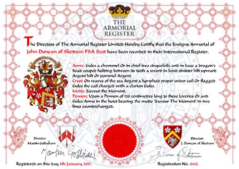 the armorial register registration certificate