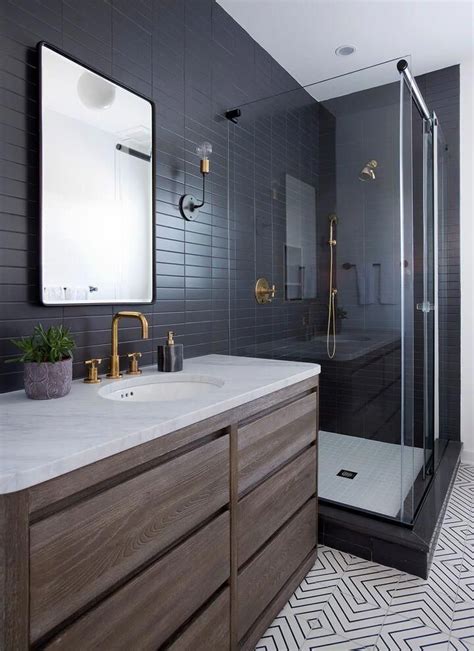Dark Tile With Brass Fixture Finishes Remodelproj Big Bathrooms