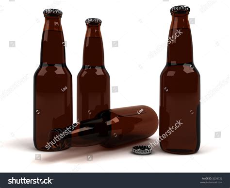 Three Full Brown Beer Bottles Standing And One Empty Laying Quality 3d