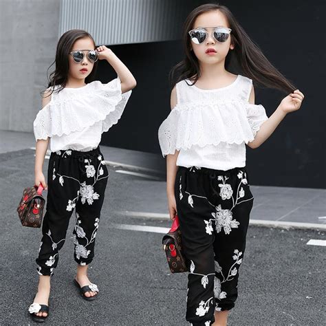 2019 2018 Summer Kids Fashion Girls Clothing Sets White Lace Blouse Top