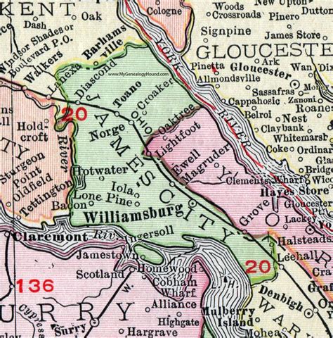 James City County Virginia Map 1911 Rand Mcnally Williamsburg