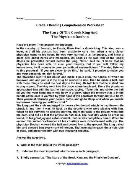 7th Grade English Worksheets Reading Comprehension An Opening