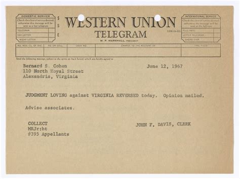 Telegram Announcing The Decision In Loving V Virginia Encyclopedia