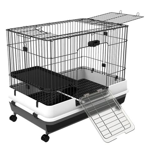 Pawhut 32”l 2 Level Indoor Small Animal Rabbit Cage With Wheels Black