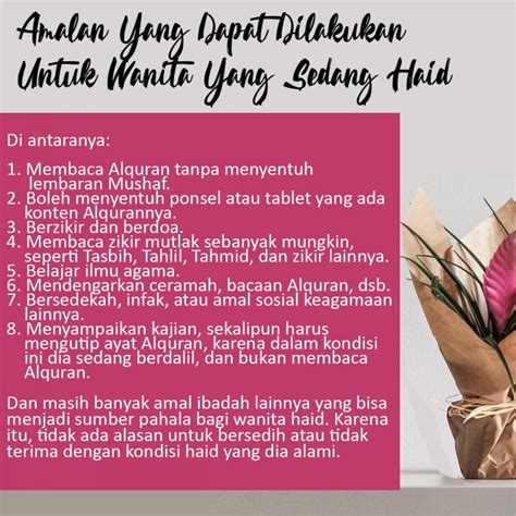 Ibadah yang boleh dilakukan oleh perempuan haid. AMALAN YANG DAPAT DILAKUKAN UNTUK WANITA YANG