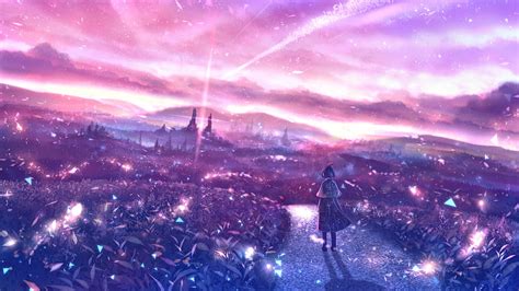 Anime Landscape Polychromatic Anime Girl Scenery Sky Particles