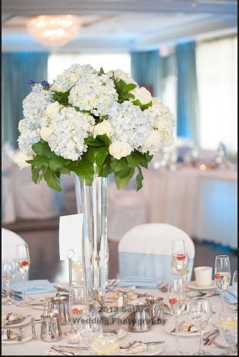 Blue Hydrangea centerpiece - prefer darker blue hydrangeas in 2019