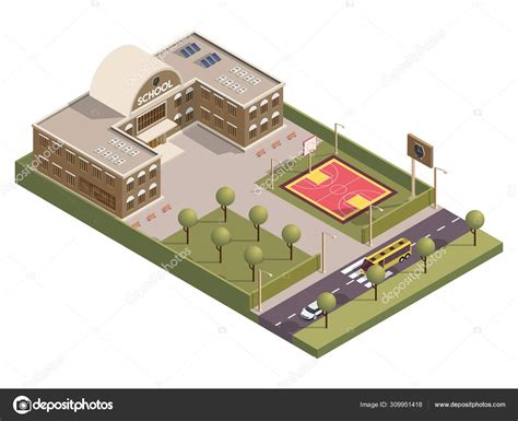Isometric View Of School Building And Basketball Ground Yard Alo Stock