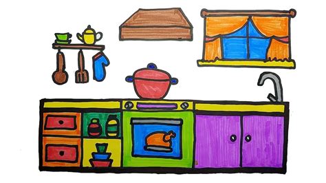 How To Easy Drawing Kitchen For Kids Childrens Coloring Book With