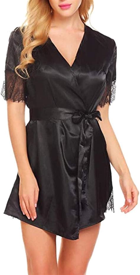 Dorical Damen Bademantel Kurze Satin Nachthemd Nachtwäsche Schlafanzüge Satin Nachthemd