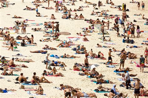 Bondi Beach With Swimmers And Sunbathers Enjoying The Summer Bondi Bondi Beach Sydney