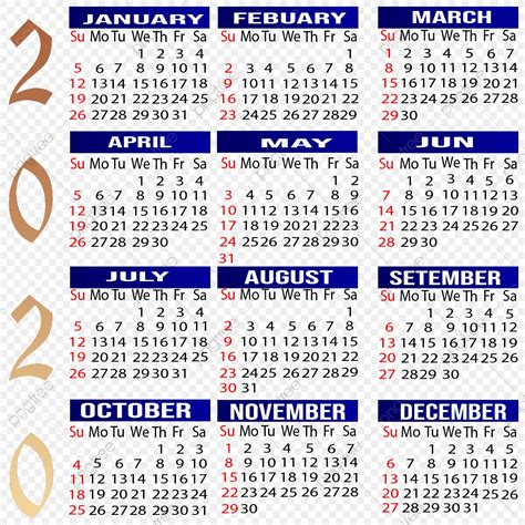 Calendar 2020 Calendar Year Month Png Transparent Clipart Image And
