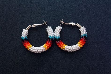 White Native American Beaded Hoop Earrings By Eleumne On Etsy