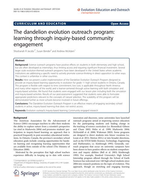 Pdf The Dandelion Evolution Outreach Program Learning Through