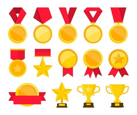 Colección De Copas De Medallas De Oro Premios Y Trofeos Con Cinta Roja