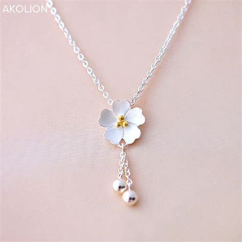 Akolion Silver Sakura Flower Necklaces Pendants Cherry Blossoms With