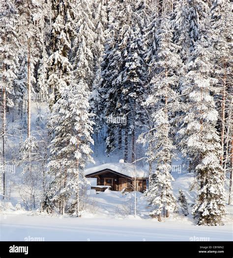 Small Wooden Sauna Cabin Made Of Logs In The Snowy Taiga