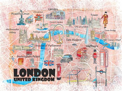 London Uk Illustrated Map With Main Roads Landmarks And Highlights By