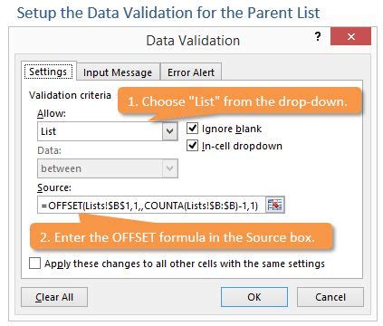 Setup Data Validation For The Parent List In Excel Excel Data