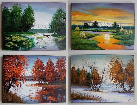 Four Seasons Landscapes Original Fine Oil Paintings Impasto 4 Pcs