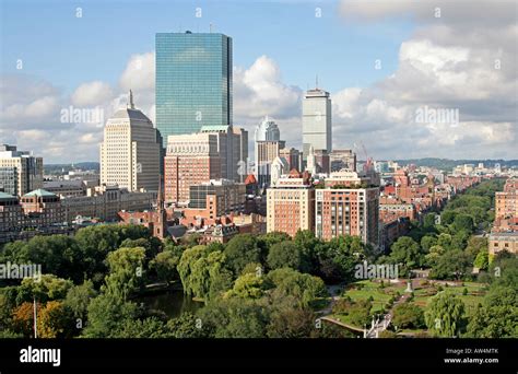 Aerial View Of The Boston Skyline Public Garden And Commonwealth Avenue