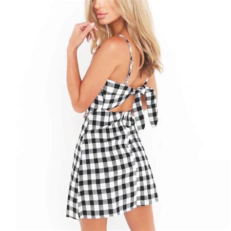 2018 new women sexy shoulderless sleeveless back bow tie mini dresses balck white plaid dress