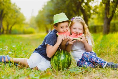 Funny Kids Taste Watermelon Child Healthy Eating Stock Photo Image