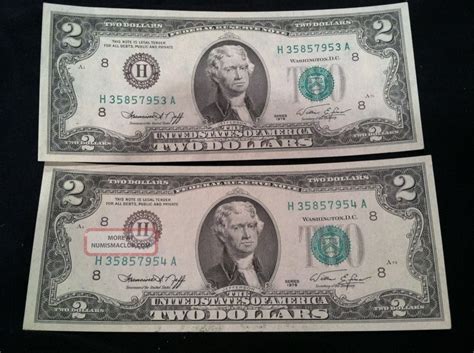 Two Dollar Bills In Sequence St Louis H Neff Simon Crisp Unc