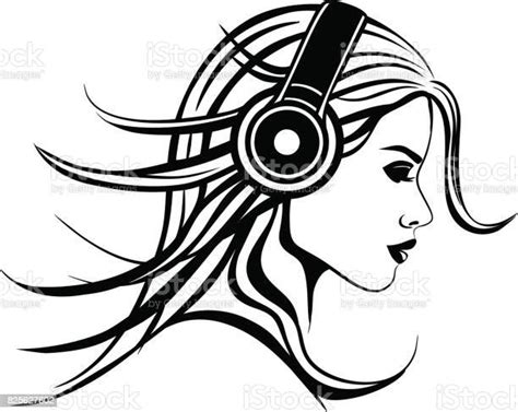 Girl With Headphones Listening Music Black And White Stock Illustration