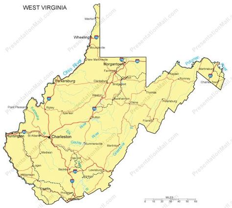 West Virginia Map Major Cities Roads Railroads Waterways Digital
