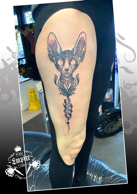 An Amazing Sphinx Cat Design Sphinxtattoo Thightattoo Stippled