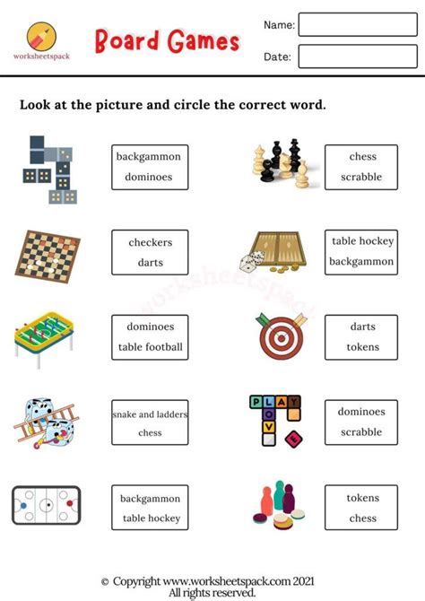Board Games Vocabulary Worksheets Printable And Online Worksheets Pack
