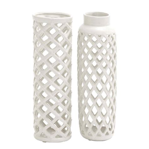 Litton Lane 12 In Modern Pearlescent White Ceramic Decorative Vases 92561 The Home Depot