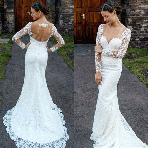 Beach Wedding Dress Backless With Long Sleeve Illusion V Neckline Lace