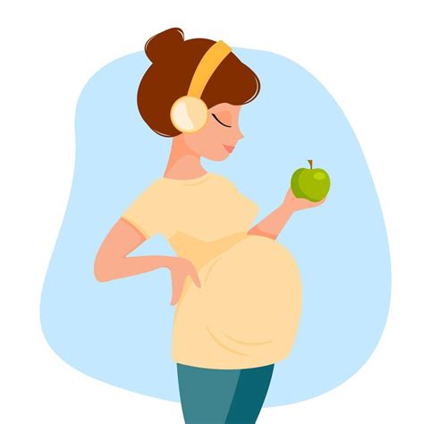 Cute Cartoon Pregnant Woman In Pants And T Shirt Listens To Music With