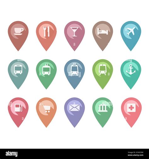 Location Pin Pointer Vector Set With Cafe Restaurant Hotel Bus Icons