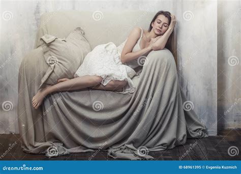Beautiful Young Slim Woman Sleeping In A Huge Comfortable Chair Stock Image Image Of