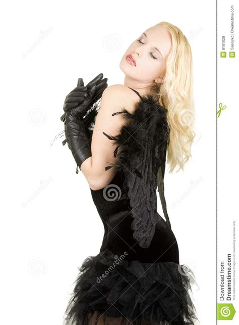 Beautiful Fashion Model With Dark Angel Wings Stock Photo