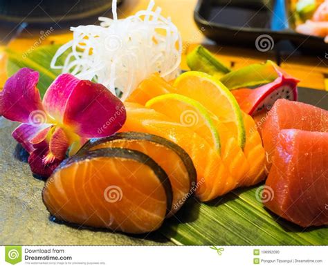 Sashimi Mix Types Of Fish On Stone Plate Stock Photo Image Of Black