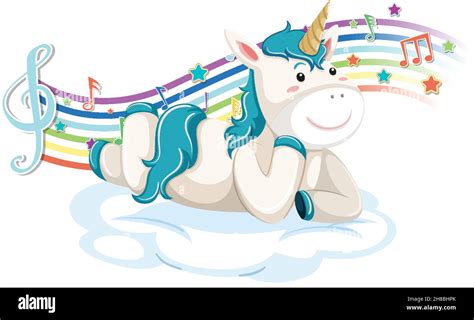 Cute Unicorn Laying On The Cloud With Melody Symbols On Rainbow