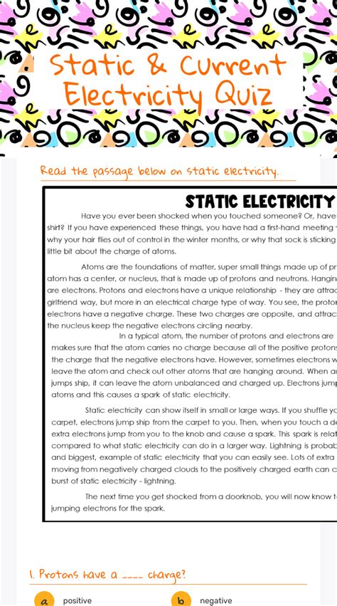 Static And Current Electricity Quiz Interactive Worksheet By Gregory