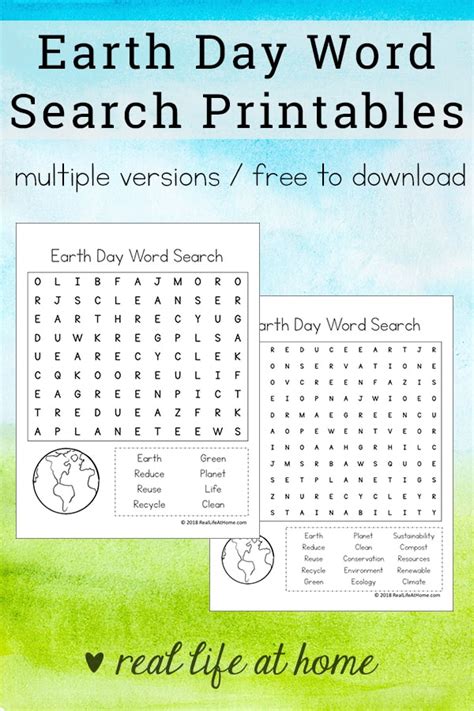 Earth Day Word Search Printable Packet For Kids Includes