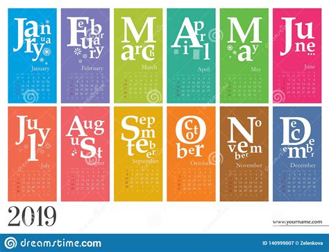 Creative Calendar 2019 With Colored Design Sundays Holidays Stock