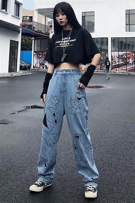 Harajuku Style Cartoon Print Wide Leg Jeans Fashion Inspo Outfits